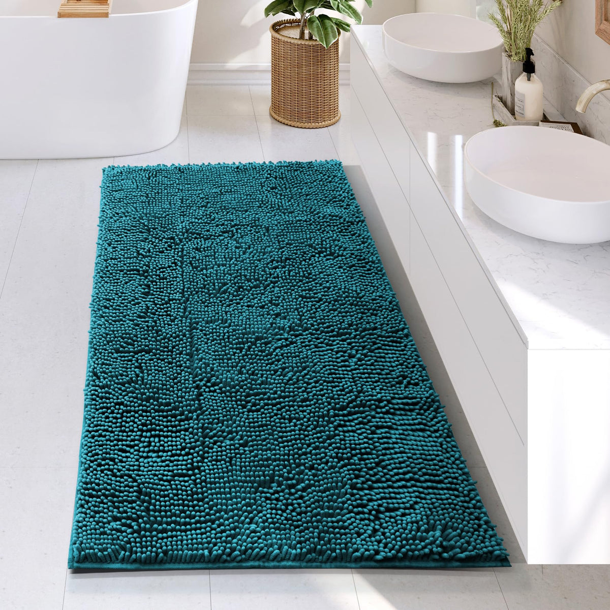 Hearth & Harbor Bathroom Rugs, Chenille Bath Mat - Machine Washable Bath Mats for Bathroom Non-Slip Backing Rubber, Quick Dry Bathroom Mat, 17 x 24 + 20 x 32 - Hunter Green