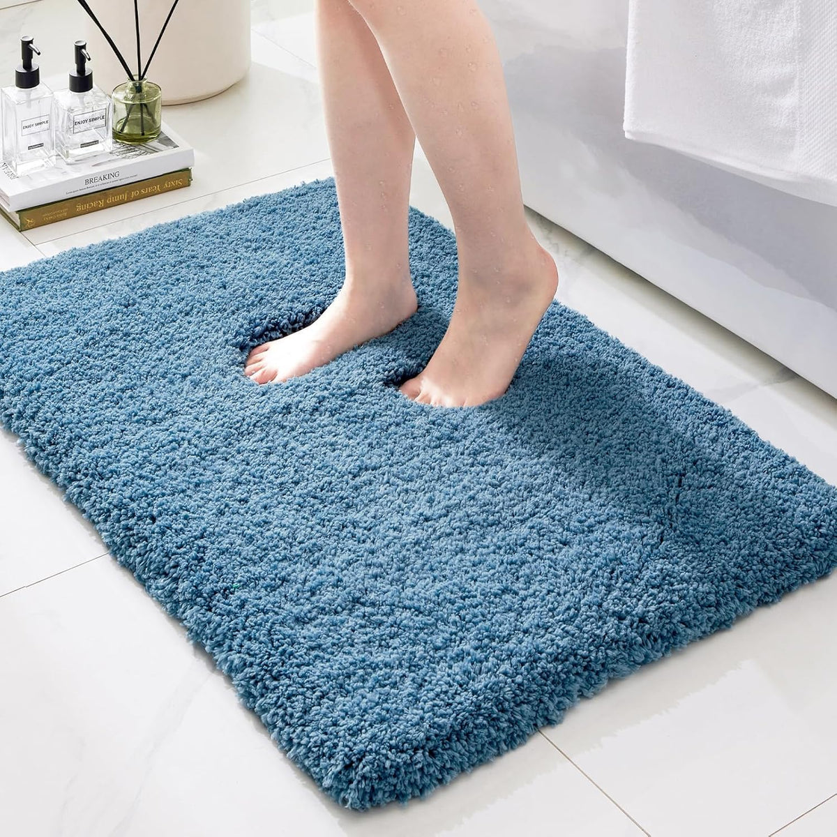 Microfiber Bathroom Rugs 24x17 Absorbent Soft Non Slip, Blue