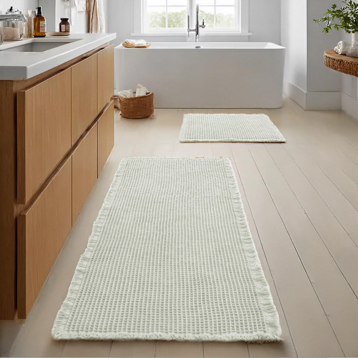 JIUZHEN Set of 2 Waffle Bath Mats Boho Bath Rugs 16"x24"+20"x32", Brown