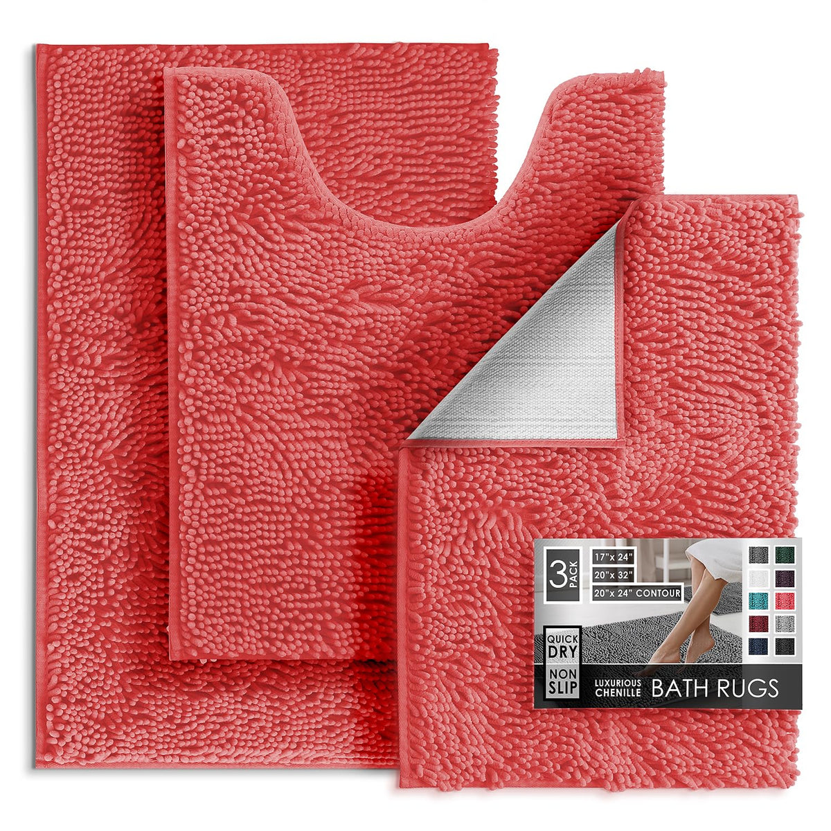 Hearth & Harbor Bathroom Rugs, Chenille Bath Mat - Machine Washable Bath Mats for Bathroom Non-Slip Backing Rubber, Quick Dry Bathroom Mat, 17 x 24 + 20 x 32 - Hunter Green