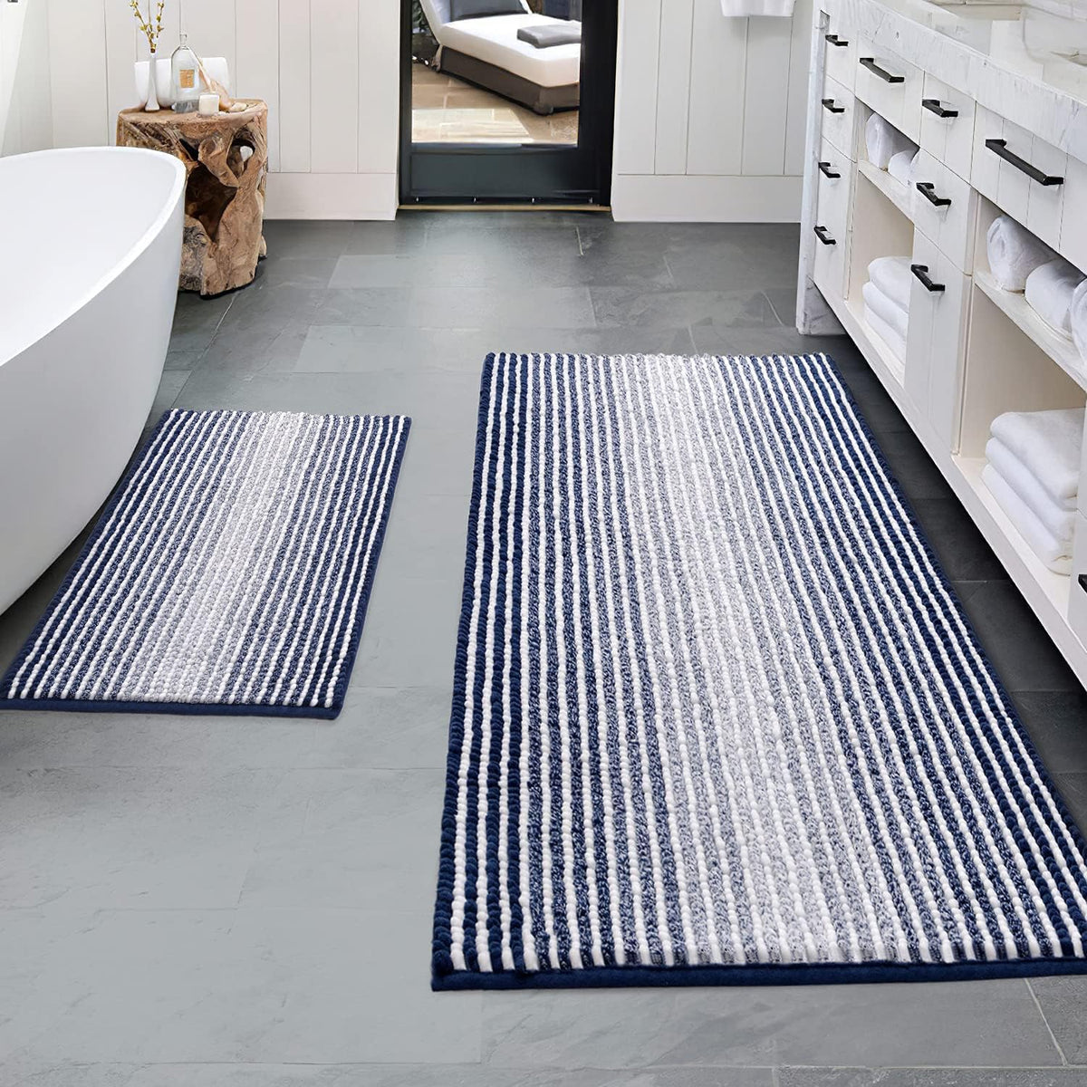 BSICPRO Bathroom Rugs Sets 2 Piece, Non Slip Striped Bath Mats, Sage