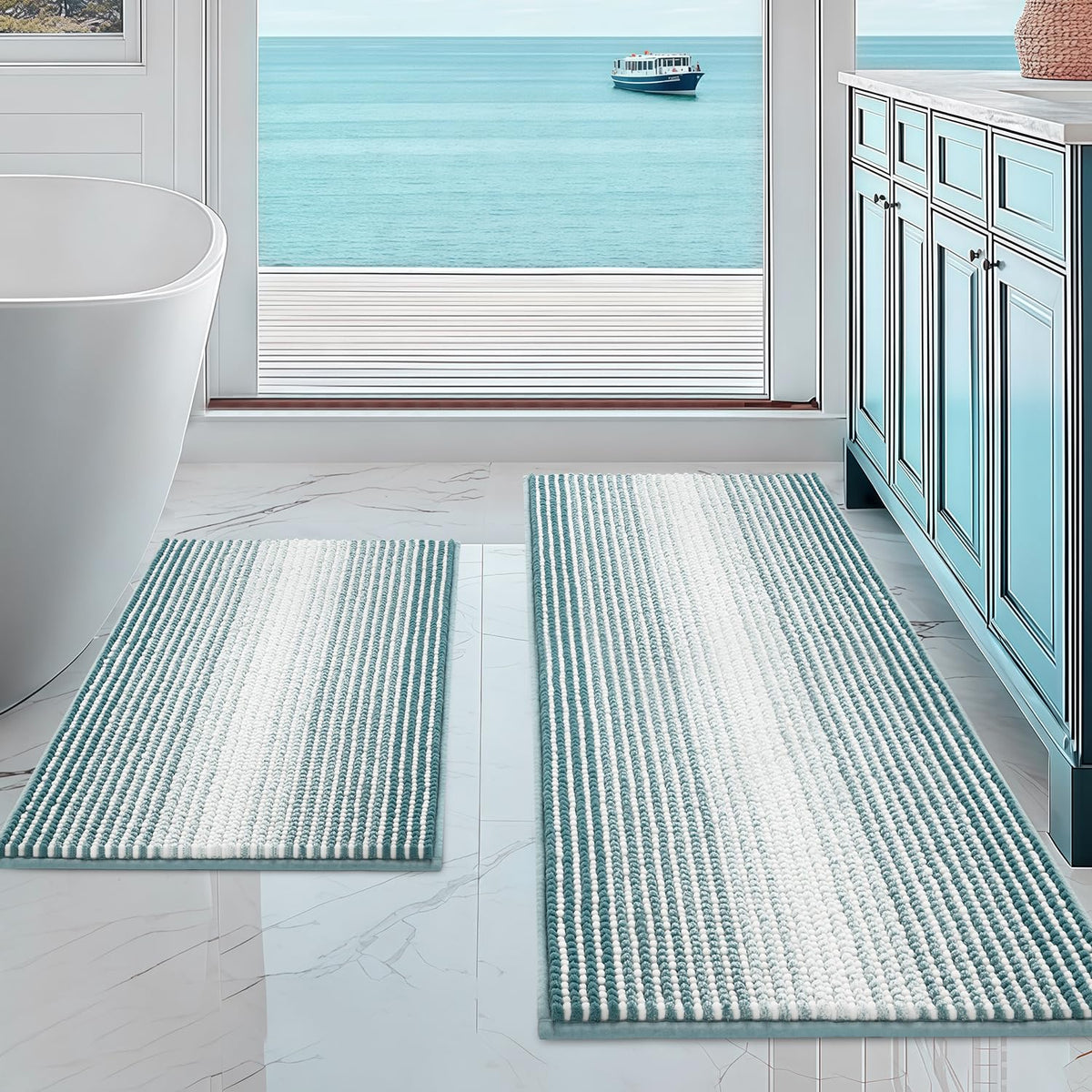 BSICPRO Bathroom Rugs Sets 2 Piece, Non Slip Striped Bath Mats, Sage