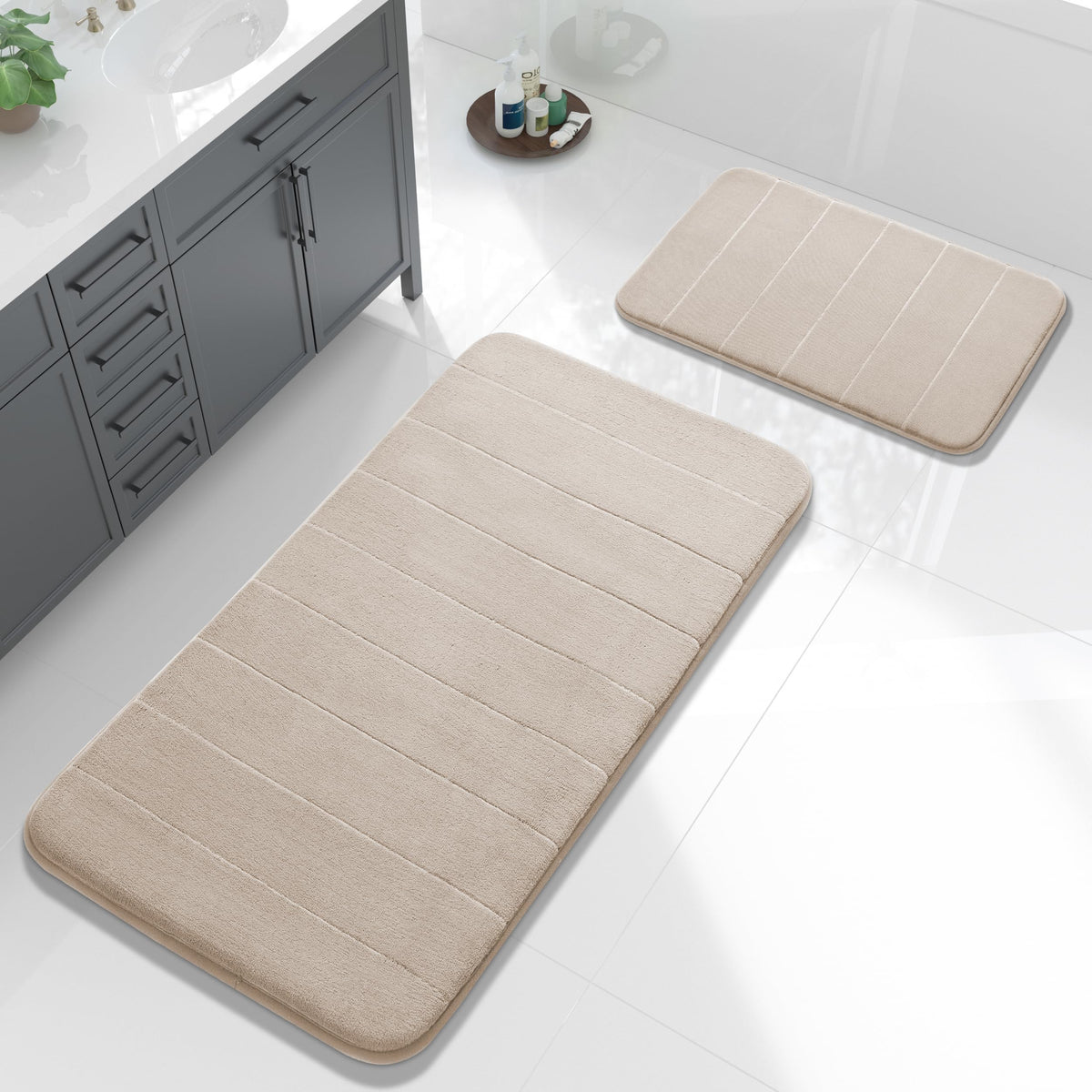 Yimobra Memory Foam Bathroom Rugs Sets 2 Piece - Super Soft Absorbent Quick Dry Bath Mat Set, Machine Washable Non Slip Floor Carpet for Tub Shower & Single Sink (17x24 & 31.5x20 Inch, Gray)