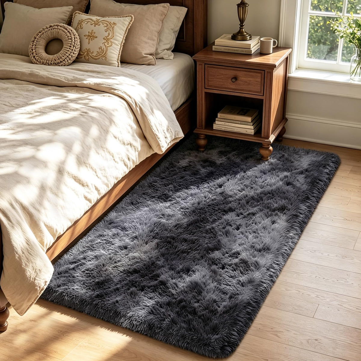 Beige 2x4 Area Rugs for Bedroom, Fluffy Shag Rug Small Rug Bedside Carpet