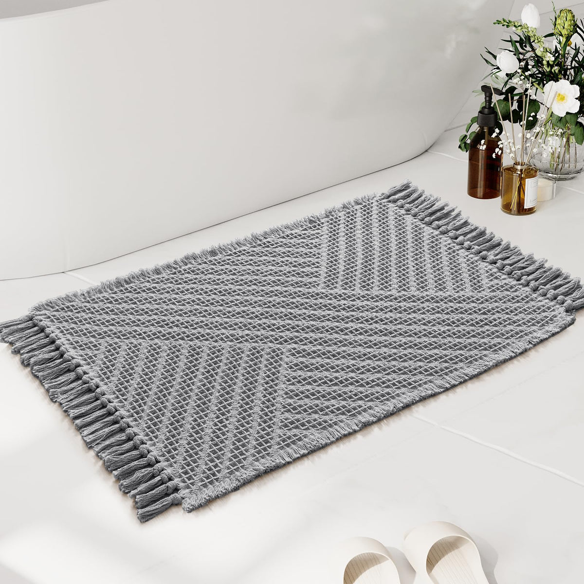 H.VERSAILTEX Waffle Bath Mat Super Absorbent Boho Bath Mat Non Slip Bath Rugs for Bathroom Floor Machine Washable Dry Fast Bathroom Rugs with Tassels, 24" x 36", Ivory White