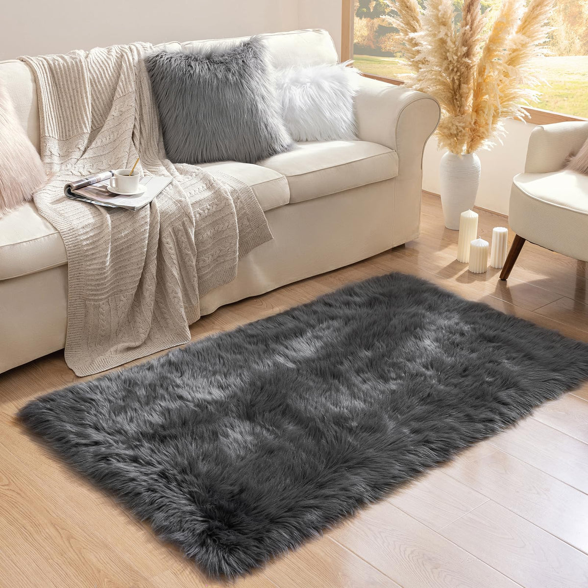 Ashler Faux Fur Rug, White, 2x3 Ft, Machine Washable