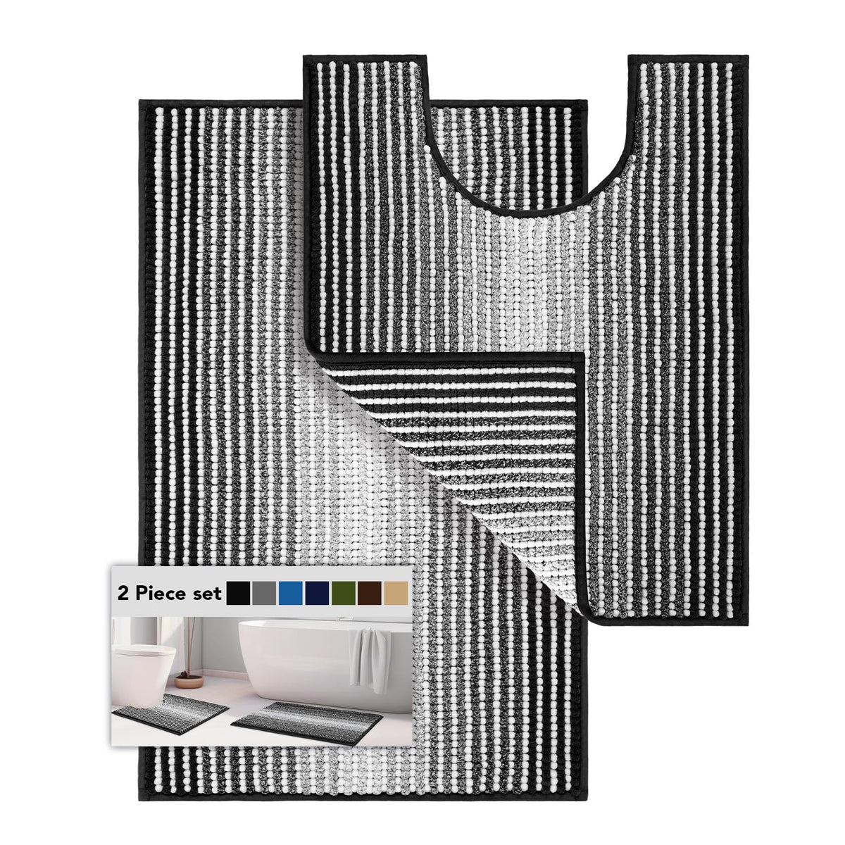 BSICPRO Bathroom Rugs Sets 2 Piece, Non Slip Striped Bath Mats, Sage