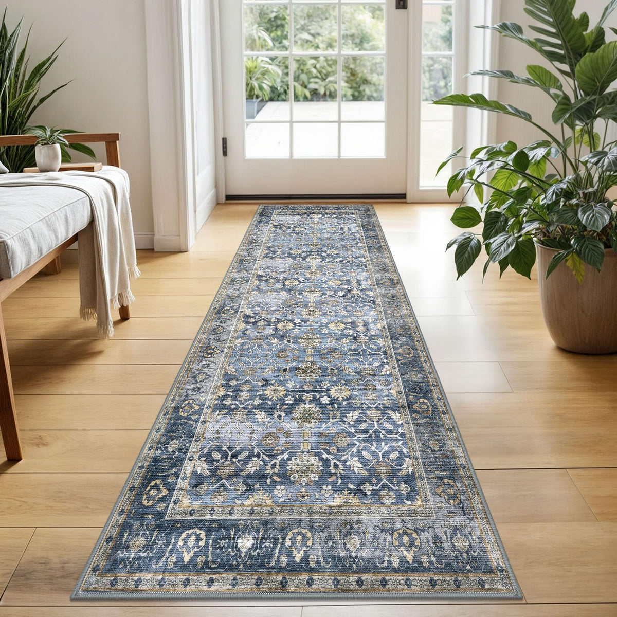 KUTA Vintage Floral Washable 2x3 Rugs for Entryway Blue Grey Beige