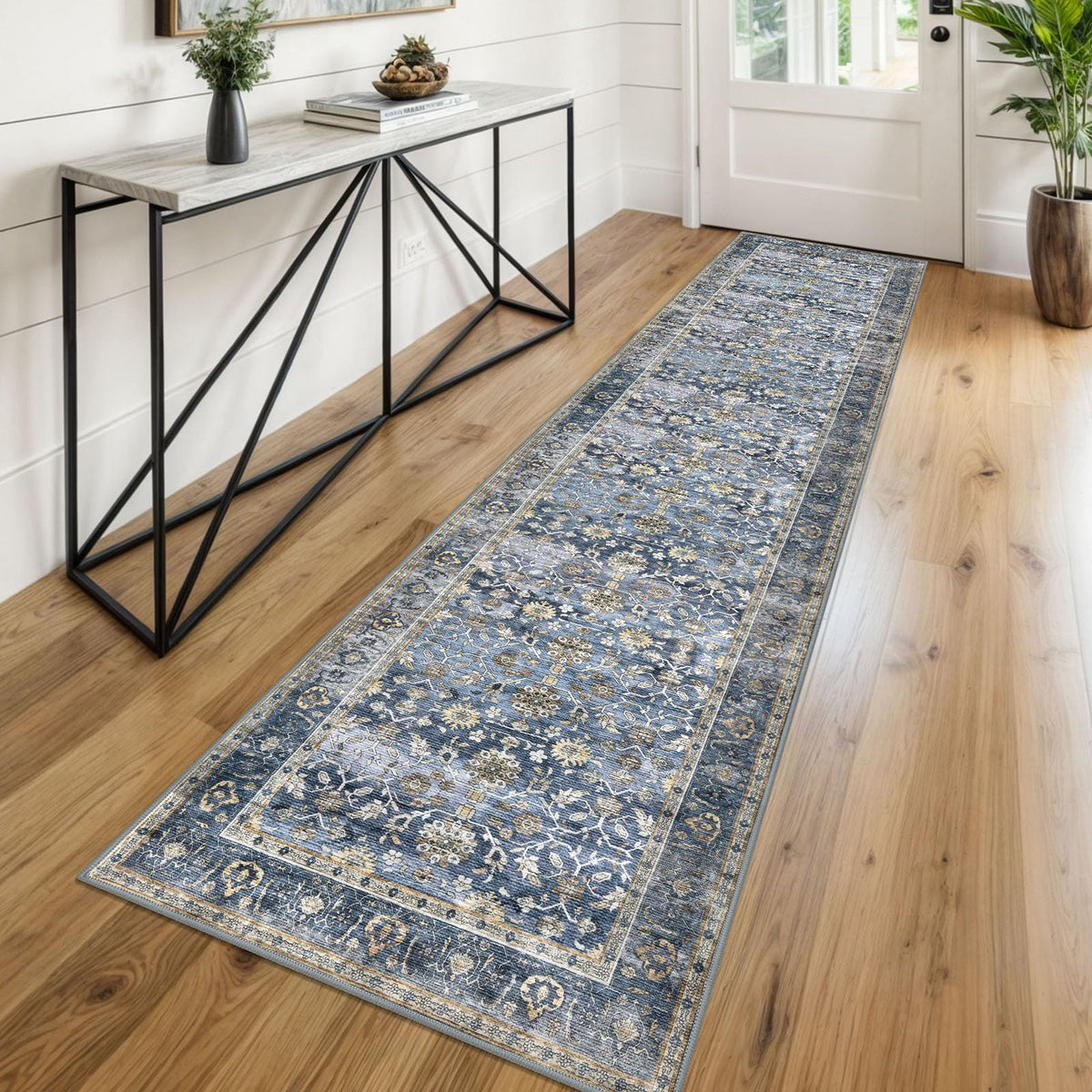 KUTA Vintage Floral Washable 2x3 Rugs for Entryway Blue Grey Beige
