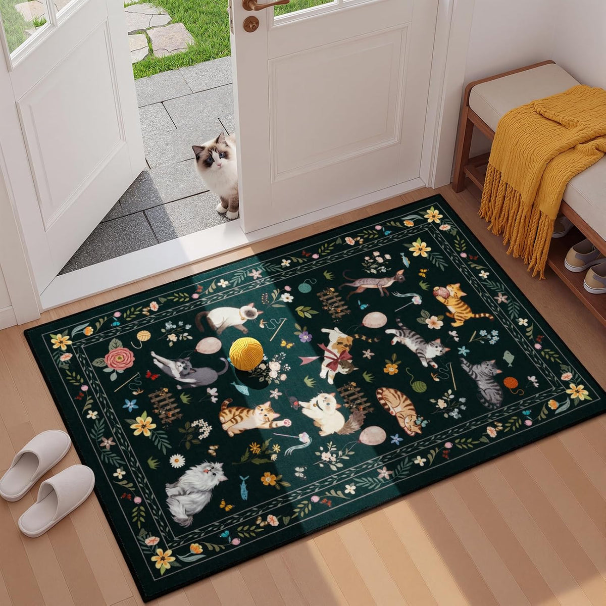 Unirea 2x3 Black Cute Cat Area Rug for Kitchen Entryway, Washable Door Mat