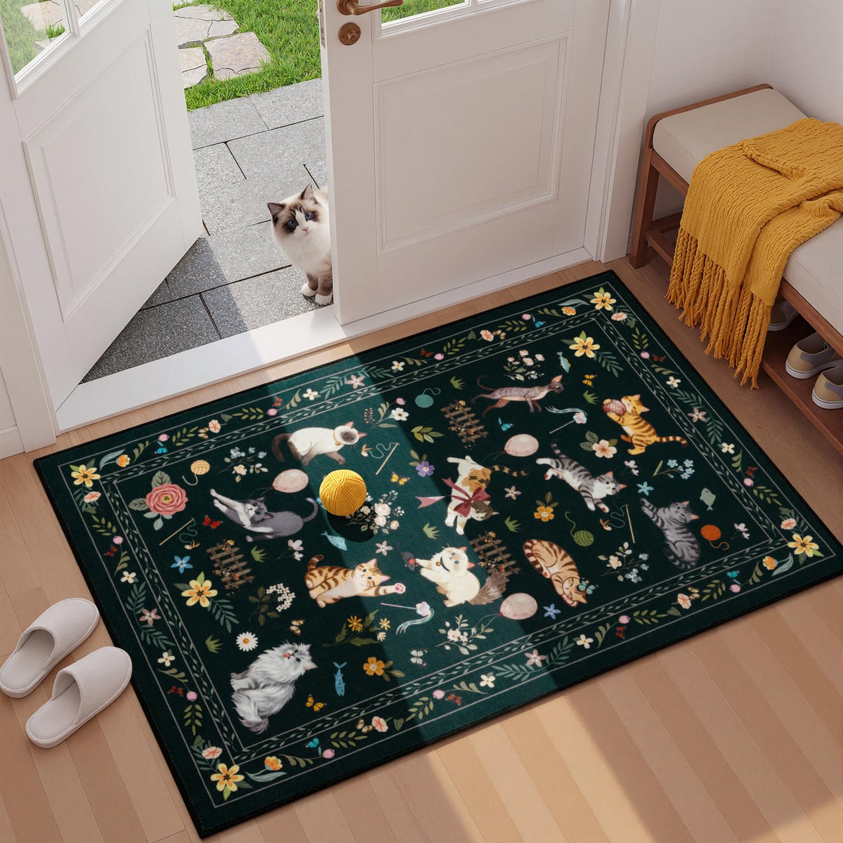 Unirea 2x3 Black Cute Cat Area Rug for Kitchen Entryway, Washable Door Mat