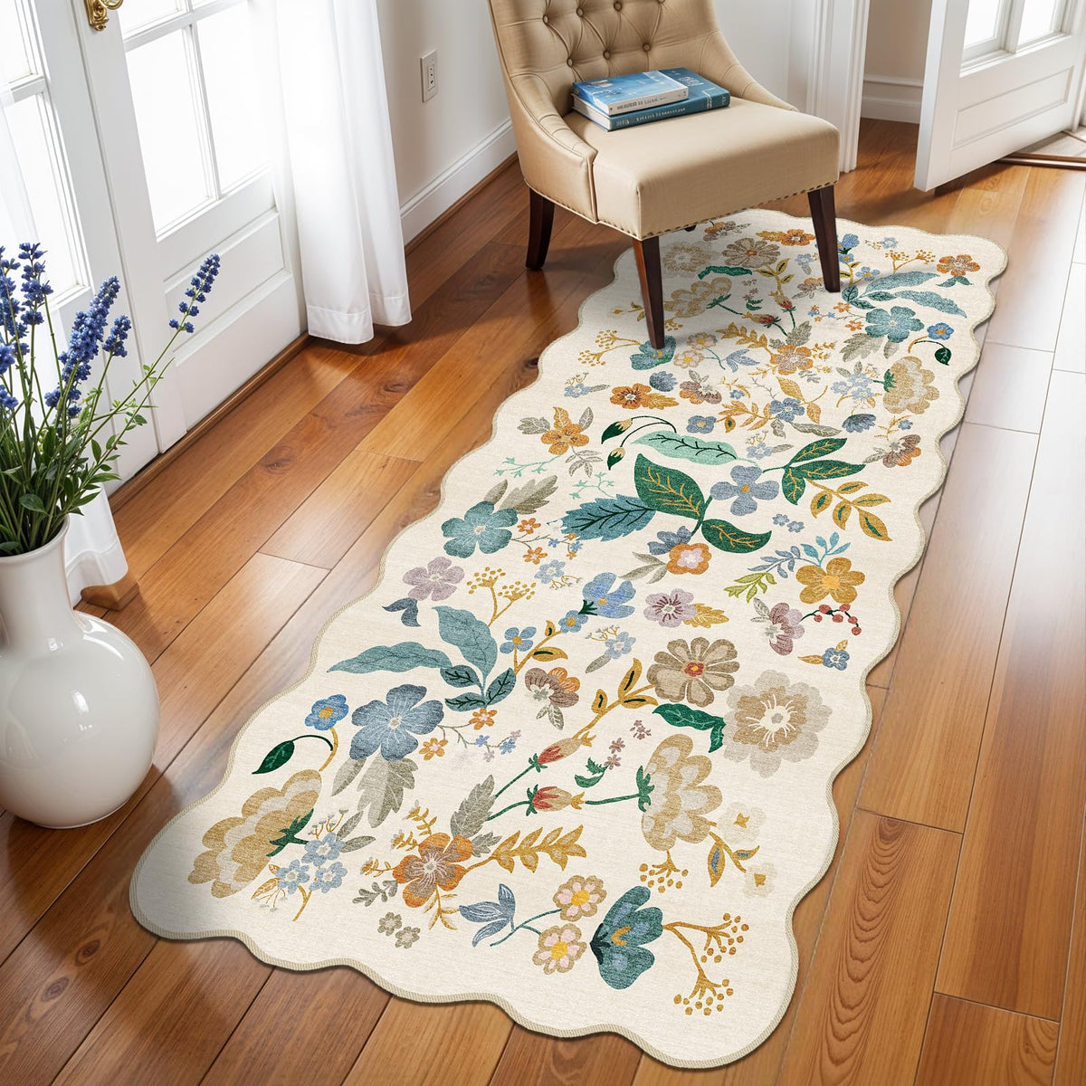 2x4 Rug Washable for Entryway - Non-Slip Scalloped Floral Throw Rug Black