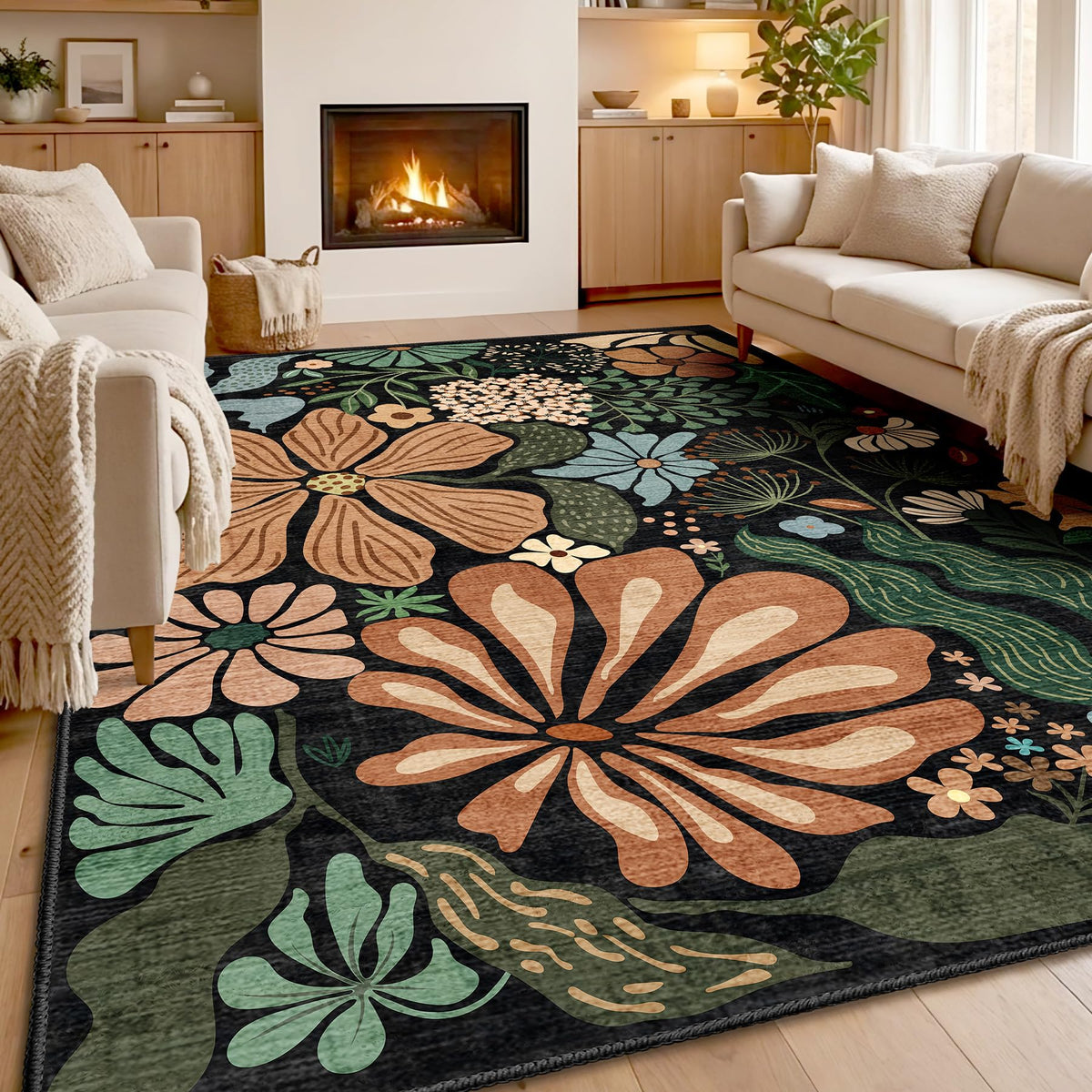 MUJOO Pink Washable 2x6 Runner Rugs Floral Area Rugs Non Slip Low-Pile