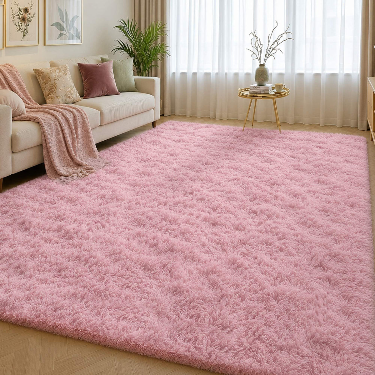 Baby Pink Fluffy Area Rug, Soft Washable, 2x5 Ft for Bedside