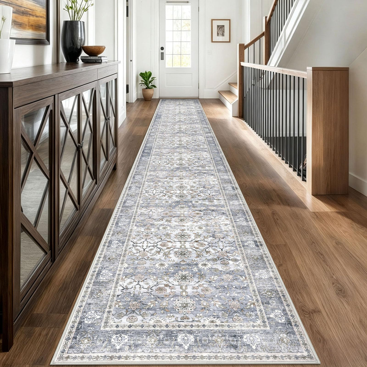 KUTA Vintage Floral Washable 2x3 Rugs for Entryway Blue Grey Beige