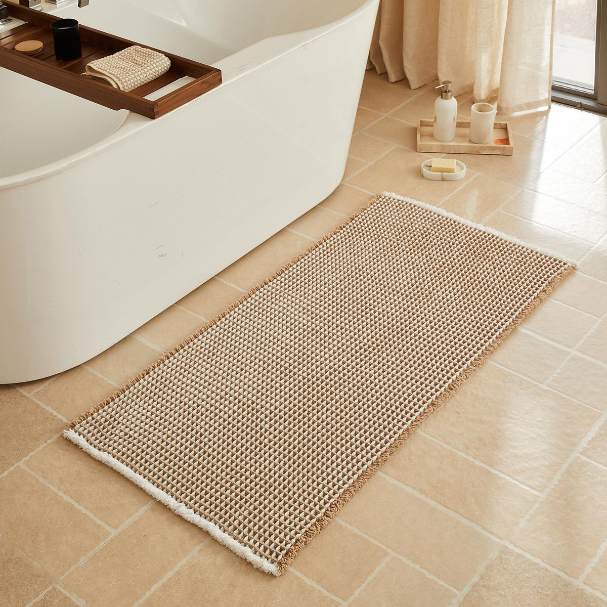 Triohero Waffle Bath Mat, Small Boho Bathroom Rugs Non Slip, 16x24 Khaki