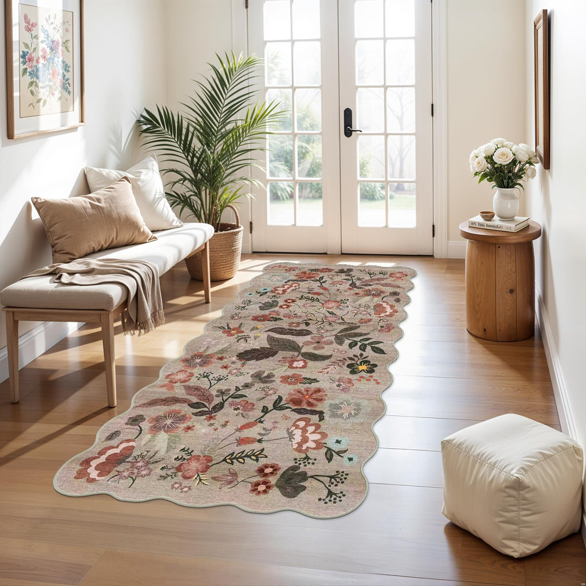 2x4 Rug Washable for Entryway - Non-Slip Scalloped Floral Throw Rug Black