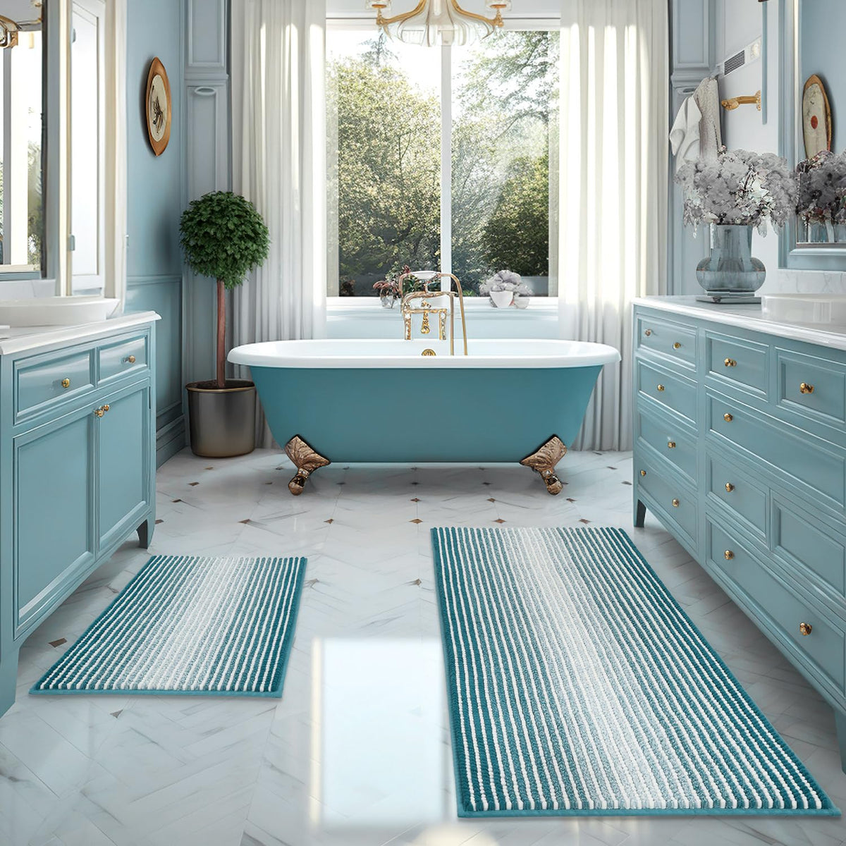 BSICPRO Bathroom Rugs Sets 2 Piece, Non Slip Striped Bath Mats, Sage