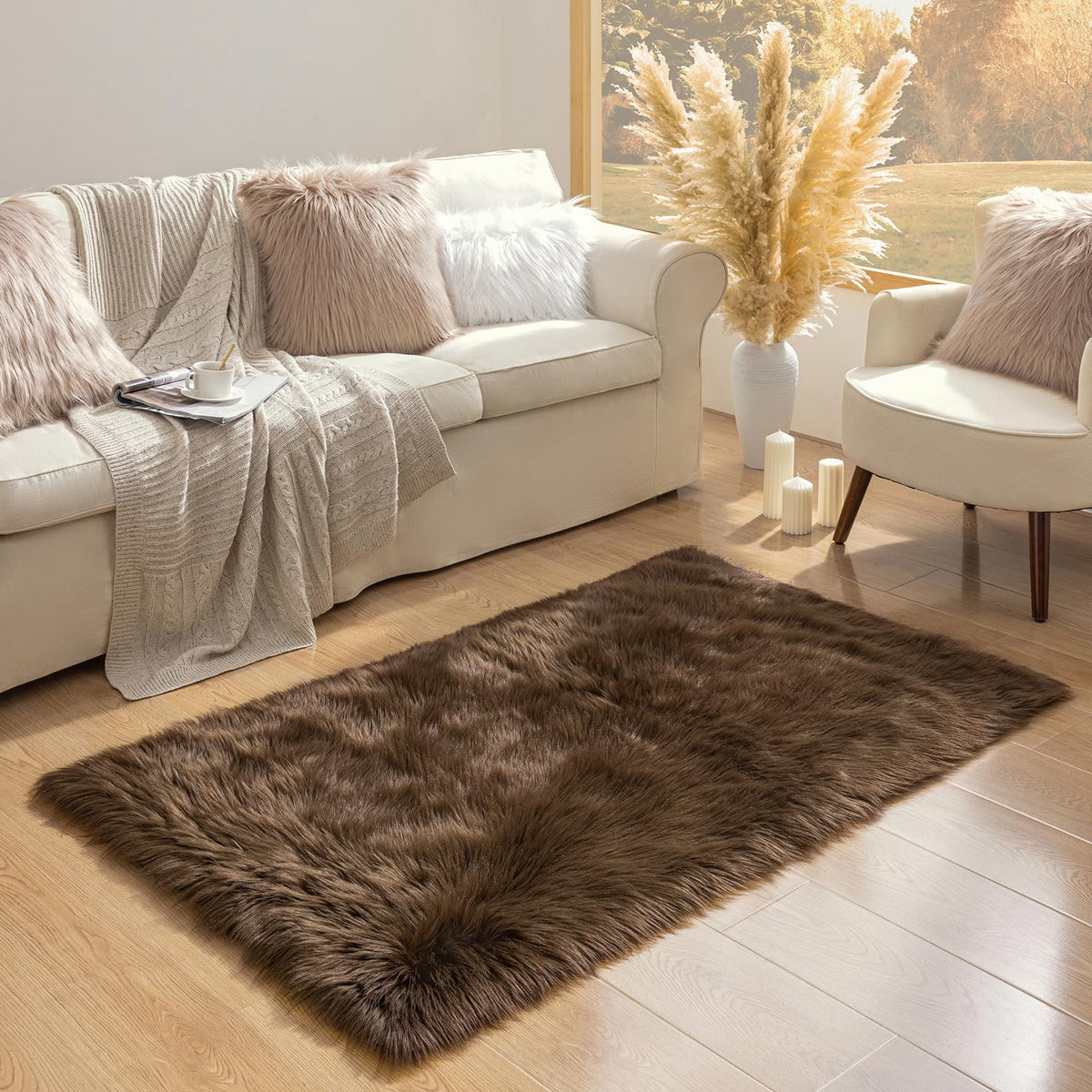 Ashler Faux Fur Rug, White, 2x3 Ft, Machine Washable