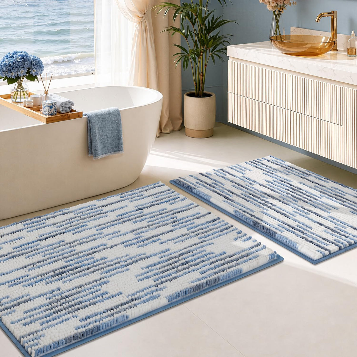 BSICPRO Bathroom Rugs Sets 2 Piece, Non Slip Boho Bath Mats, Beige
