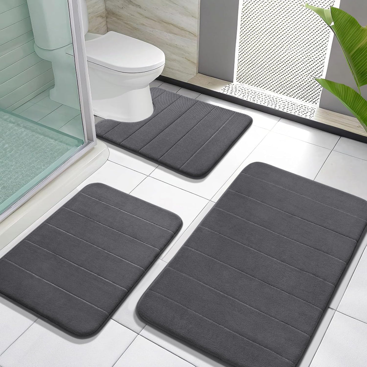 Yimobra Memory Foam Bath Mat Set 3 Pieces- Super Soft Absorbent Quick Dry Bathroom Rug Sets, Machine Washable Non Slip Floor Carpet for Tub Shower, Vanity & Toilet Base, Gray
