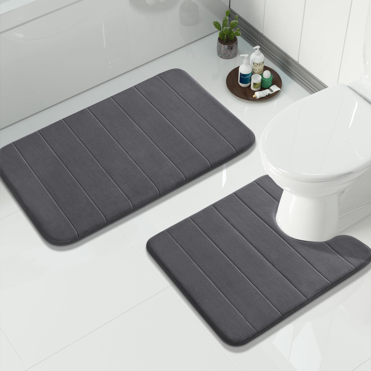 Yimobra Memory Foam Bathroom Rugs Sets 2 Piece - Super Soft Absorbent Quick Dry Bath Mat Set, Machine Washable Non Slip Floor Carpet for Tub Shower & Single Sink (17x24 & 31.5x20 Inch, Gray)