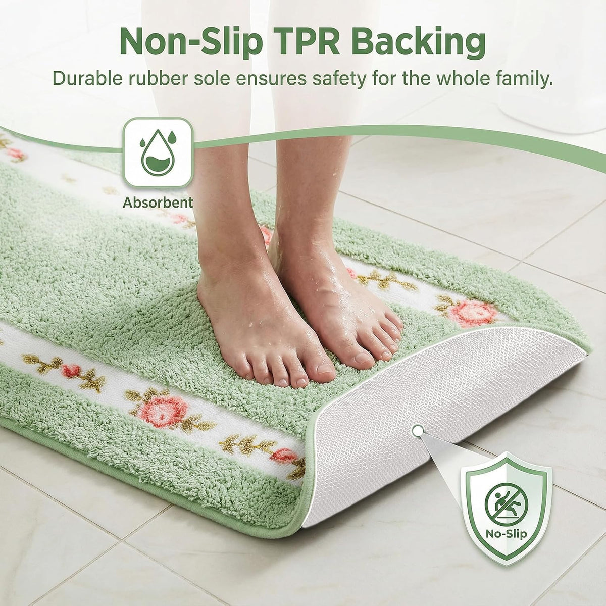 Stay Young Green Rose Area Rugs for Bathroom Bedroom 17.71 x 49.21 Inch