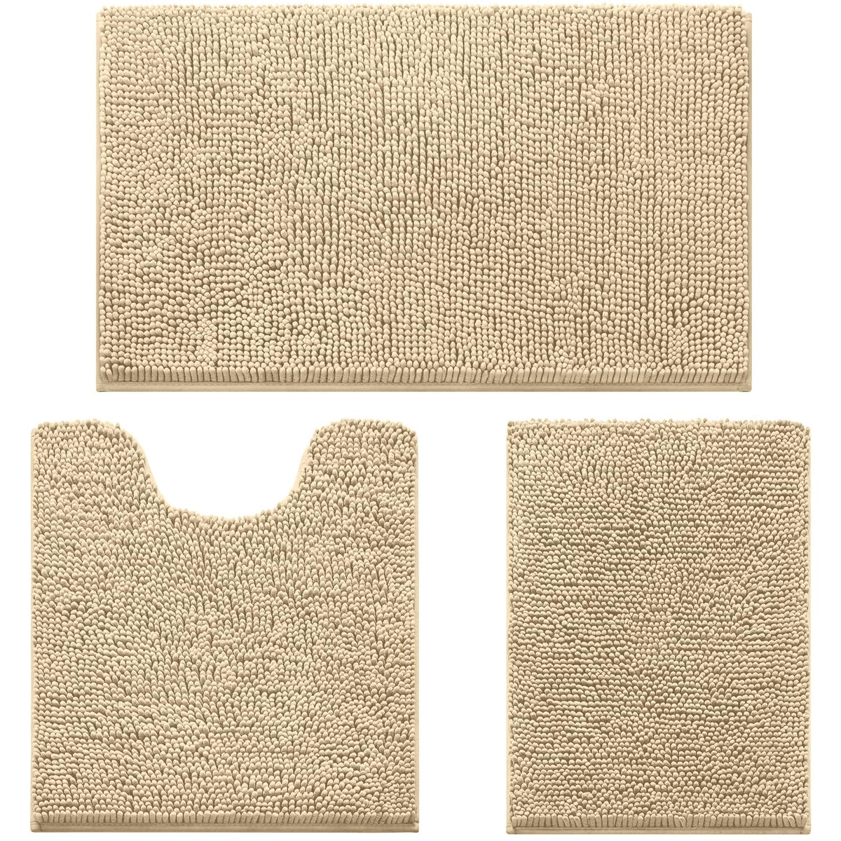 HOMEIDEAS Grey Chenille Bathroom Rugs Set of 3, Non Slip Bath Mat