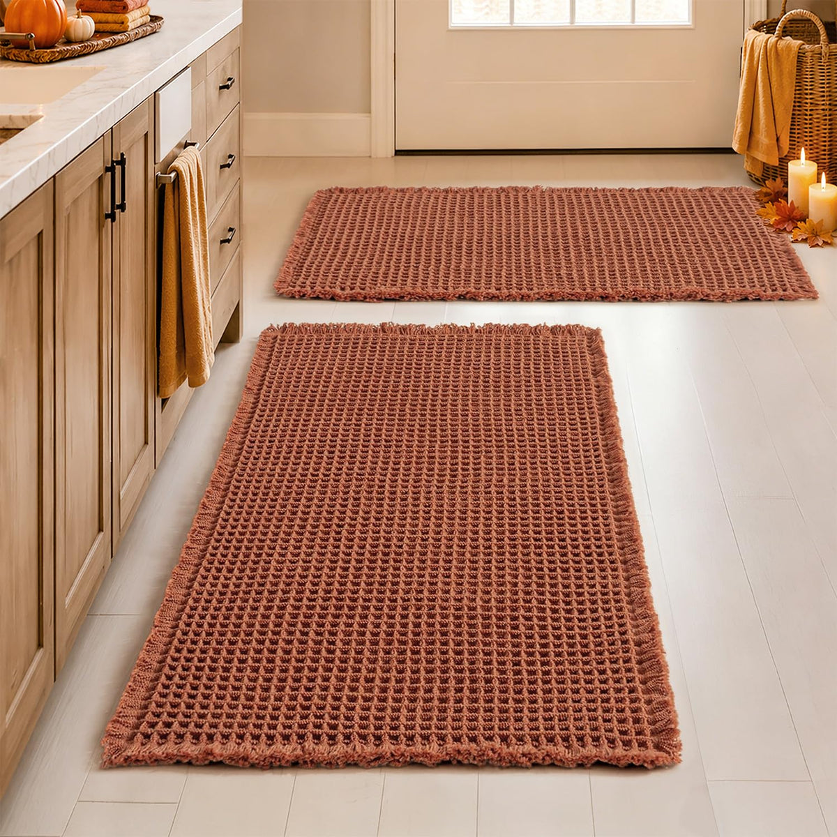 MIULEE Set of 2 Waffle Bathroom Rugs Boho Bath Mat Brown 18x30 Inch