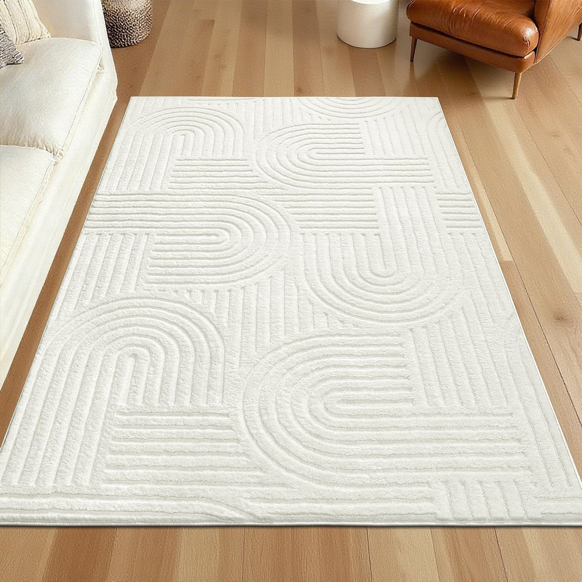 SHACOS Soft Fluffy Arch Pattern Area Rug 2'7"x5' Non Slip Washable Minimalist Modern High-Low Geometric Carpet for Living Room Kitchen Bedroom Bathroom, Beige
