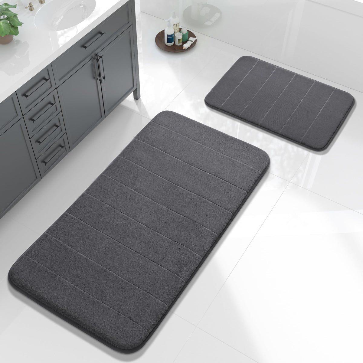Yimobra Memory Foam Bathroom Rugs Sets 2 Piece - Super Soft Absorbent Quick Dry Bath Mat Set, Machine Washable Non Slip Floor Carpet for Tub Shower & Single Sink (17x24 & 31.5x20 Inch, Gray)