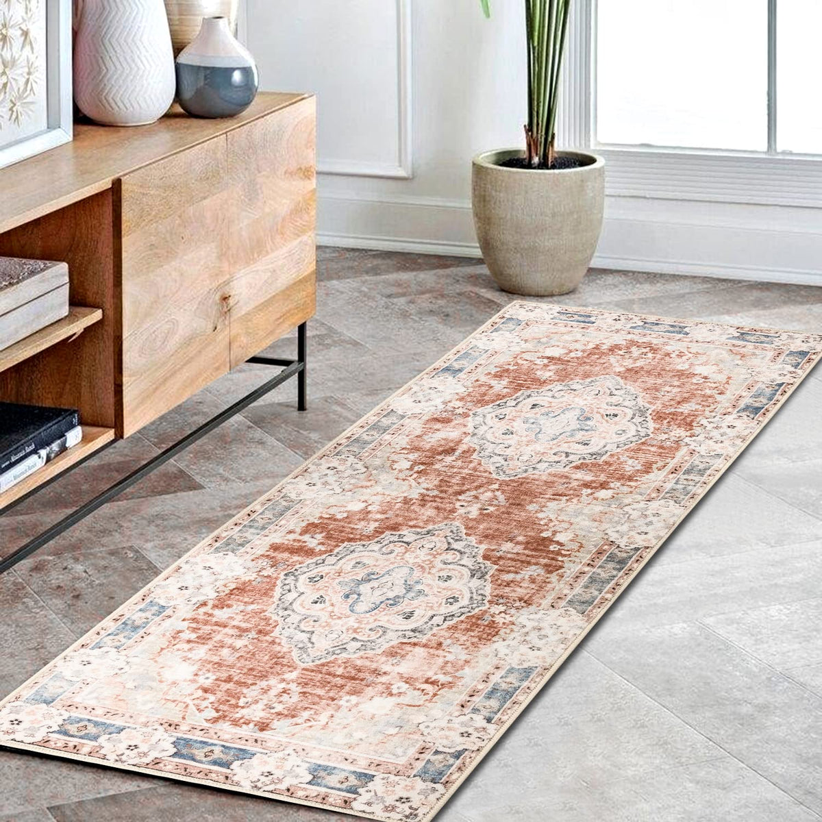 MUJOO Pink Rug 3x5 Washable,Boho Area Rugs Small Non Slip Low-Pile Floral