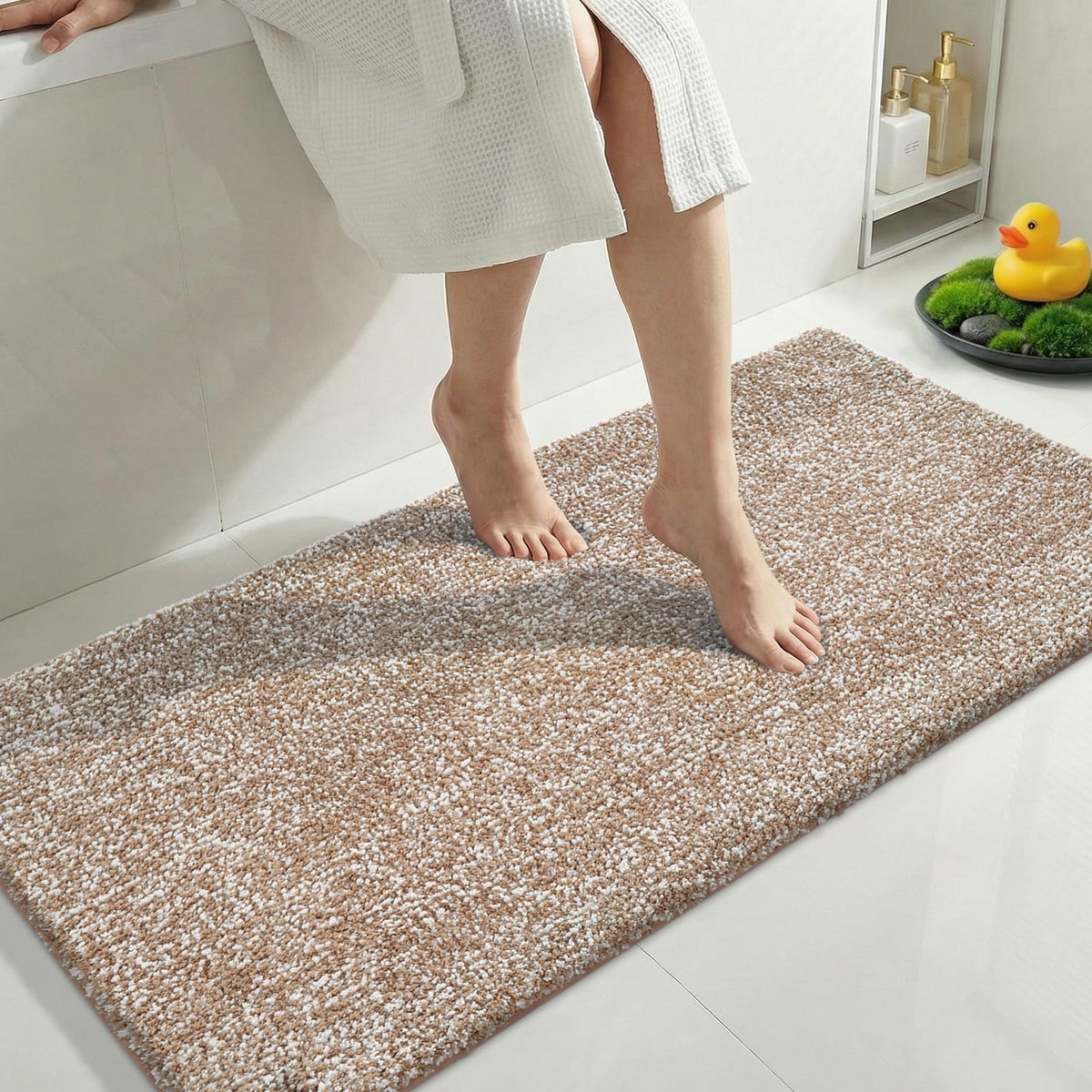 Yimobra Non Slip Machine Washable Bathroom Rug 24x17 Light Beige and White