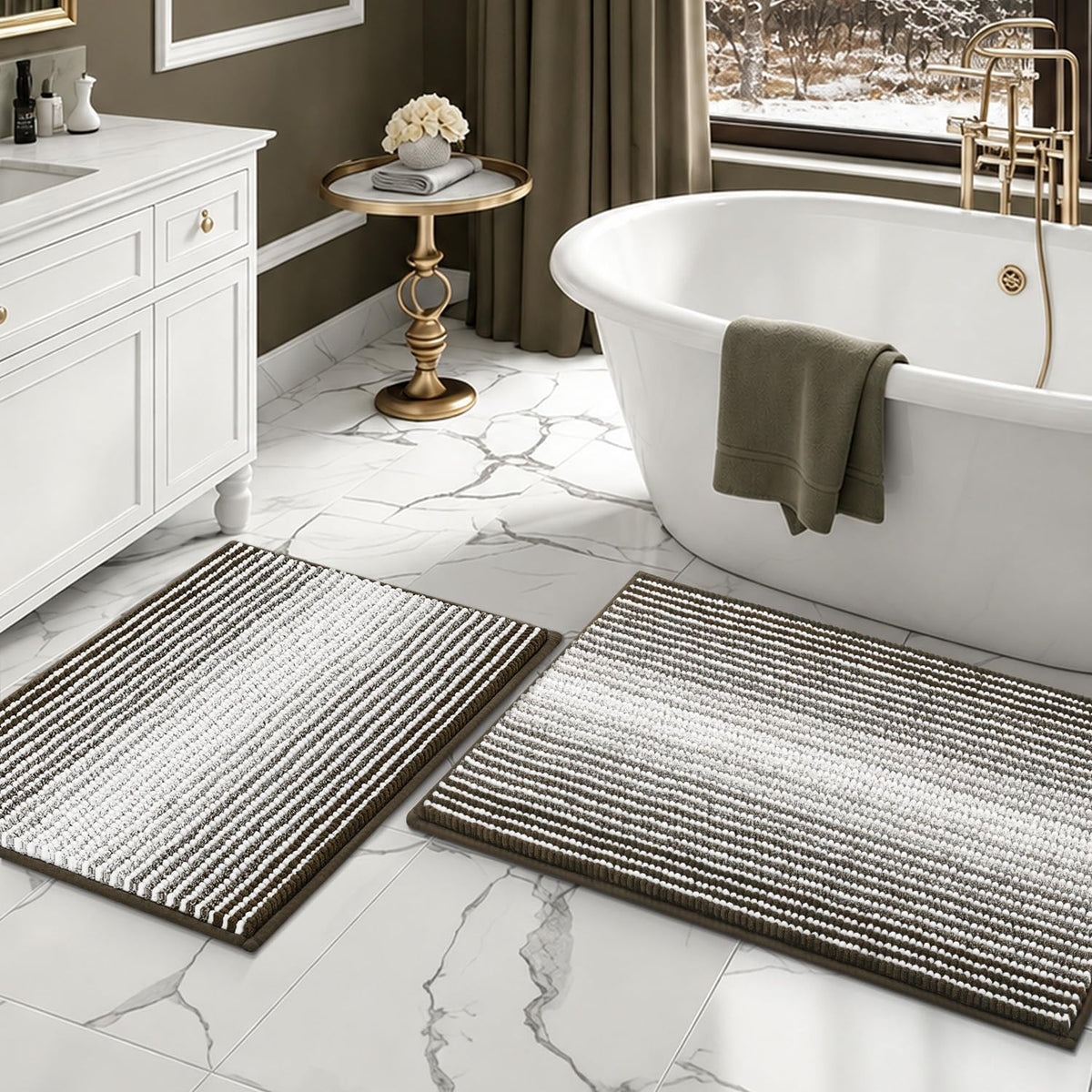 BSICPRO Bathroom Rugs Sets 2 Piece, Non Slip Striped Bath Mats, Sage