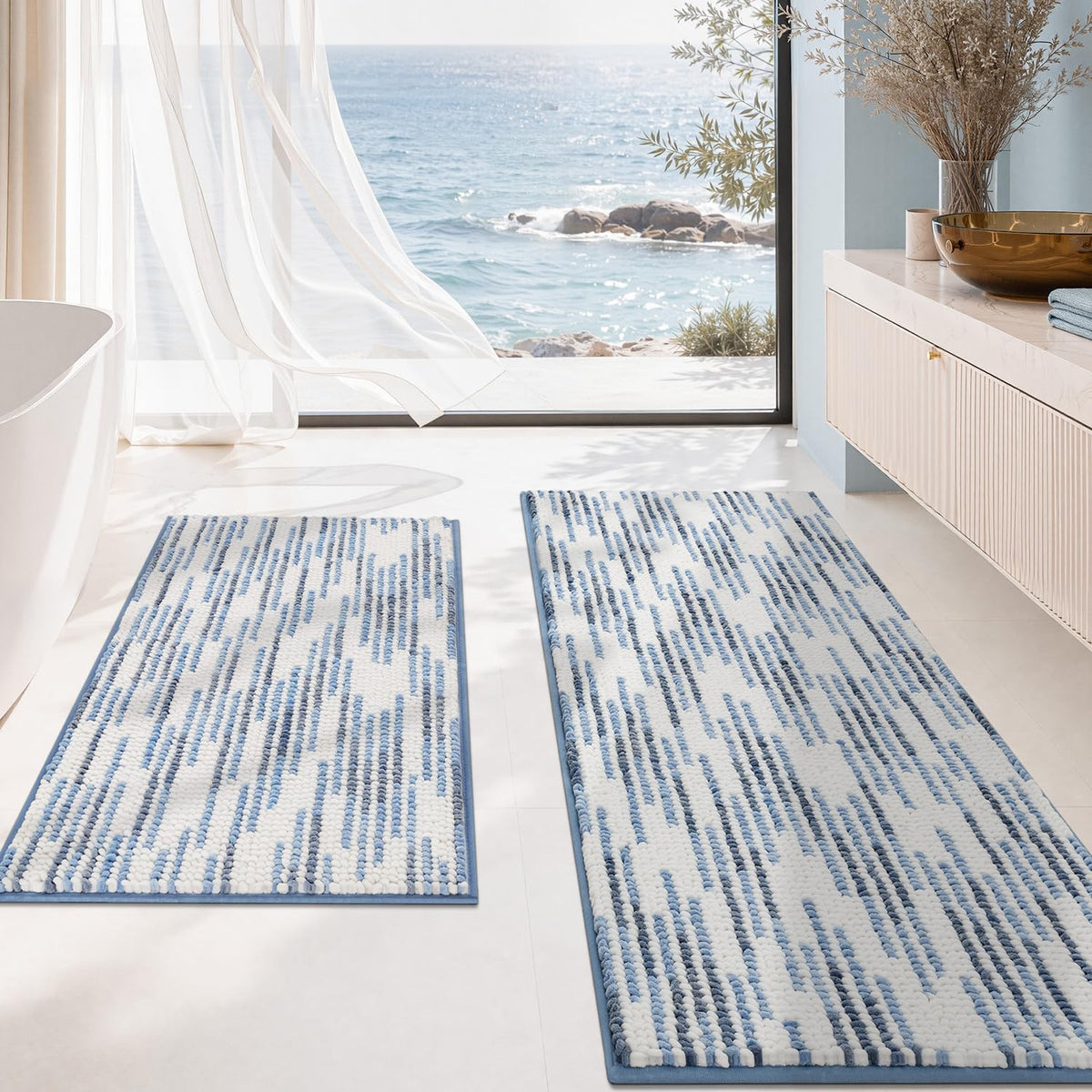 BSICPRO Bathroom Rugs Sets 2 Piece, Non Slip Striped Bath Mats, Sage