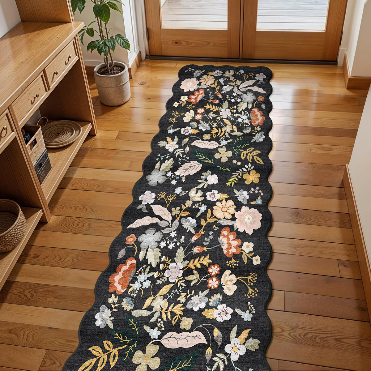 2x4 Rug Washable for Entryway - Non-Slip Scalloped Floral Throw Rug Black