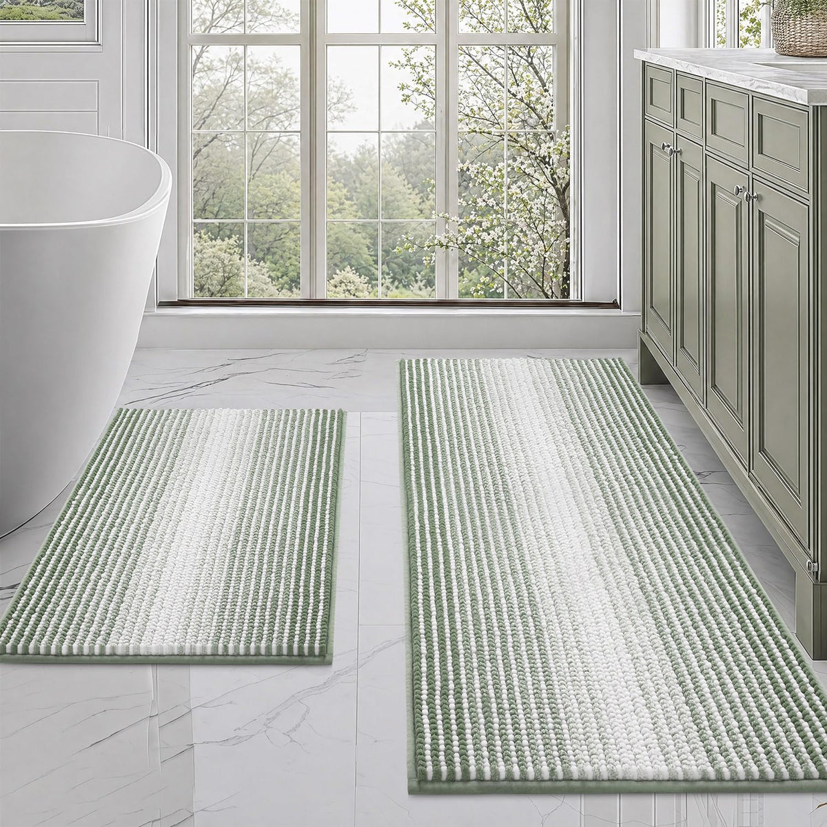 BSICPRO Bathroom Rugs Sets 2 Piece, Non Slip Striped Bath Mats, Sage