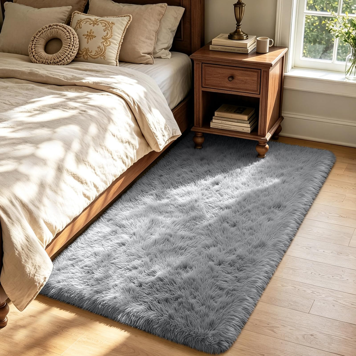 Beige 2x4 Area Rugs for Bedroom, Fluffy Shag Rug Small Rug Bedside Carpet