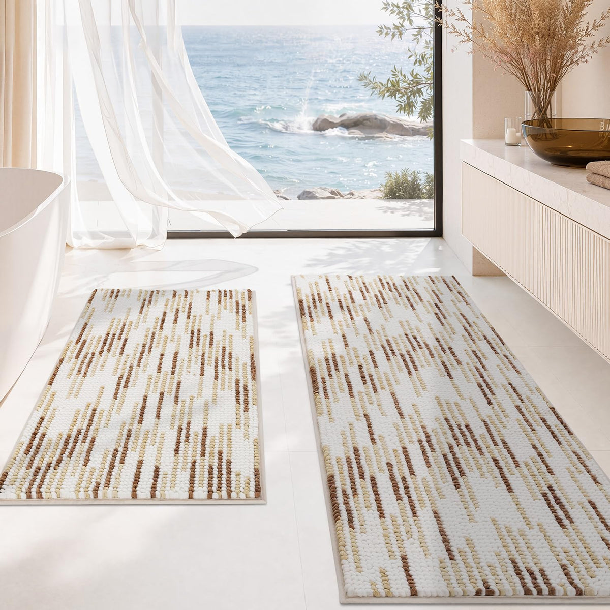 BSICPRO Bathroom Rugs Sets 2 Piece, Non Slip Striped Bath Mats, Sage