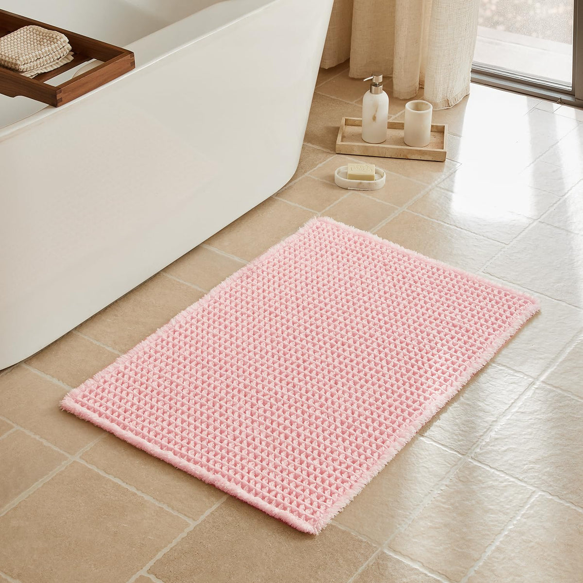 Triohero Waffle Bath Mat, Small Boho Bathroom Rugs Non Slip, 16x24 Khaki