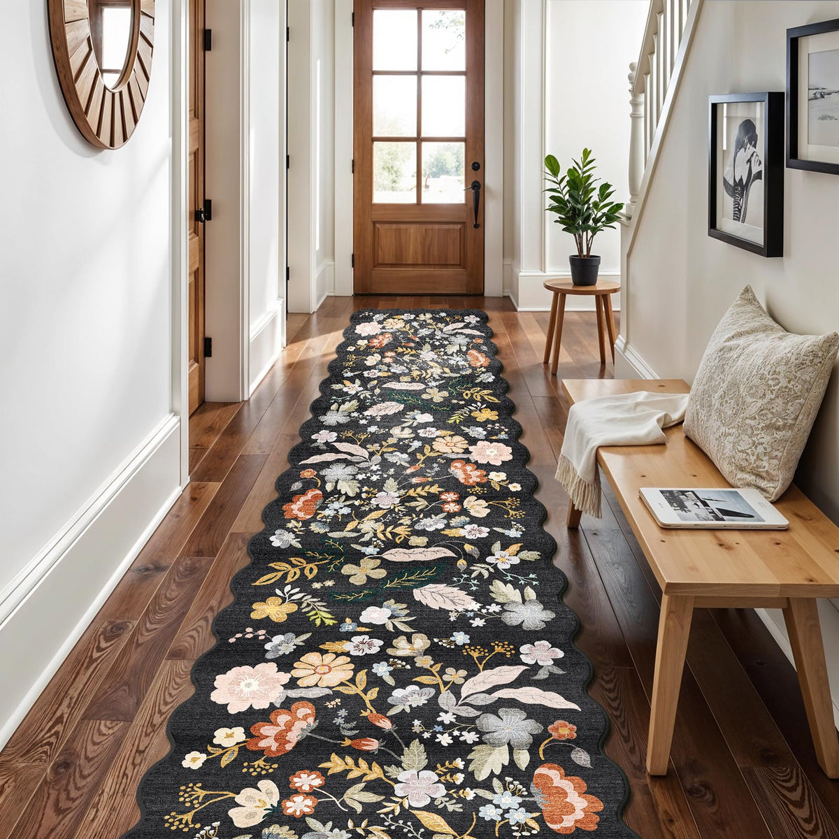 2x4 Rug Washable for Entryway - Non-Slip Scalloped Floral Throw Rug Black