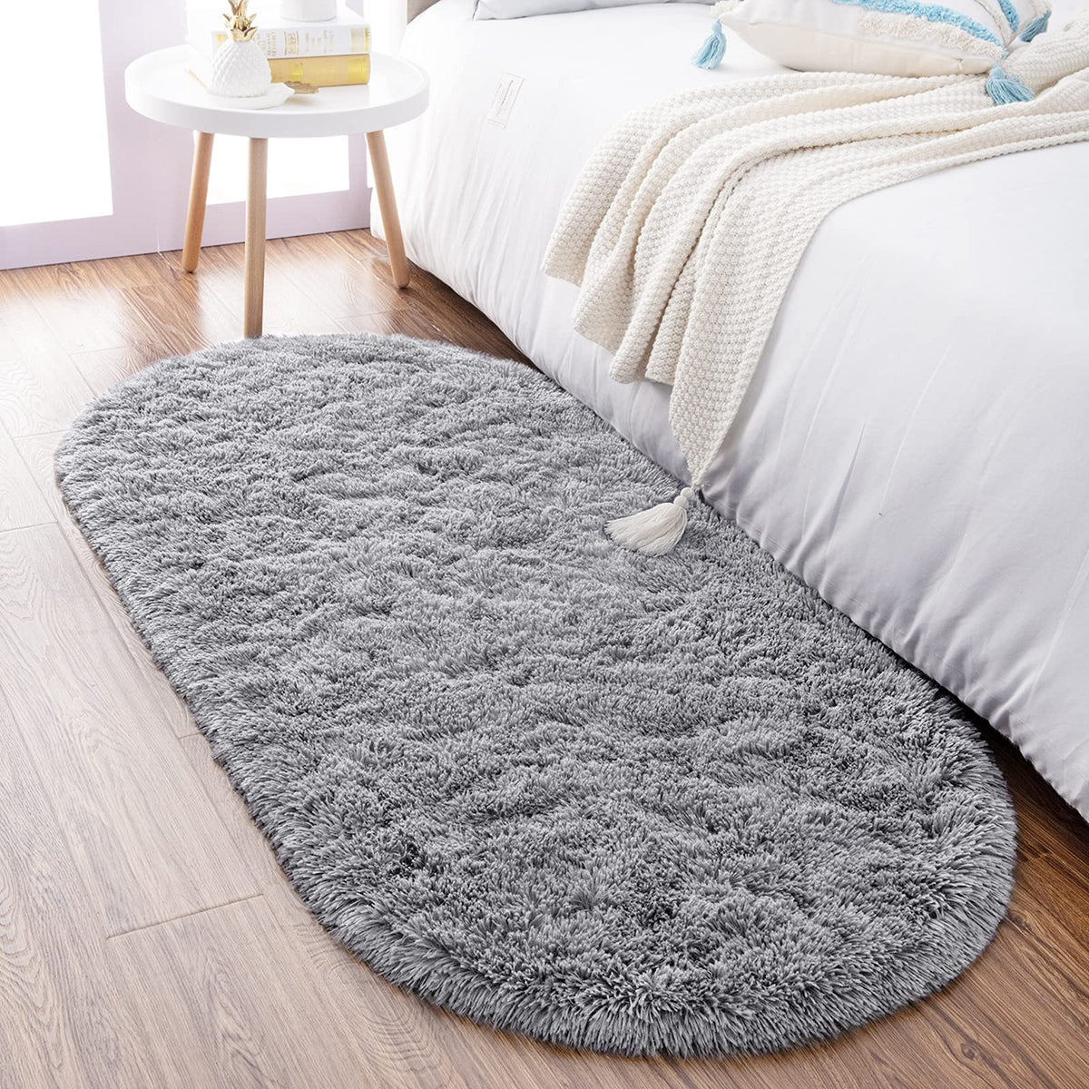 Noahas 2.6x5.3 Grey Fluffy Soft Oval Rug Non-Slip for Bedroom Dorm Hallway