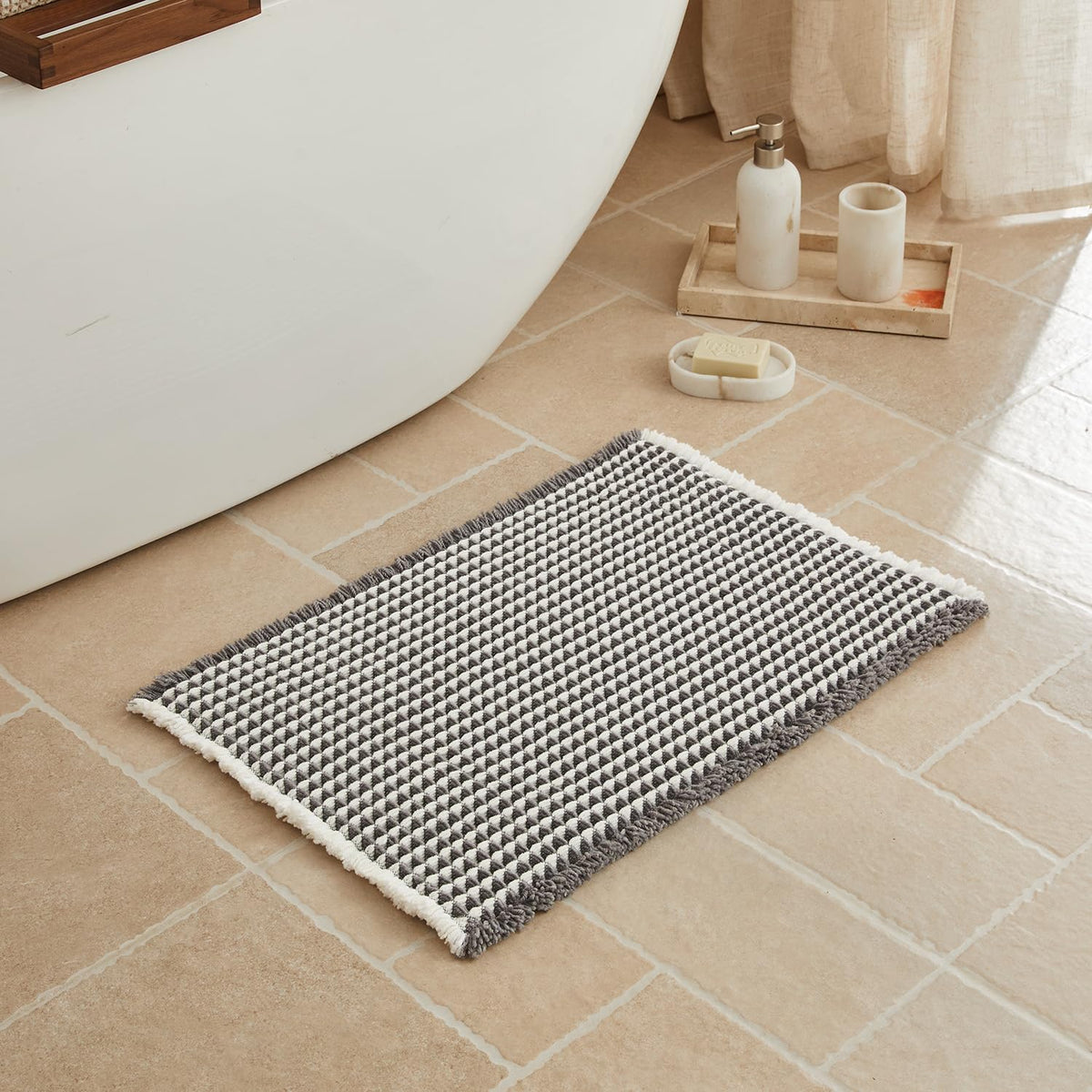 Triohero Waffle Bath Mat, Small Boho Bathroom Rugs Non Slip, 16x24 Khaki