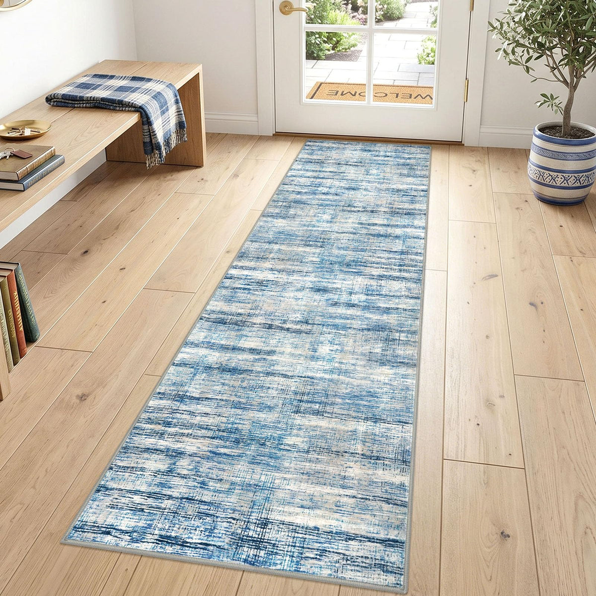 KOZYFLY Abstract Entryway Rug 2x3 Washable Door Mat Indoor Blue Beige