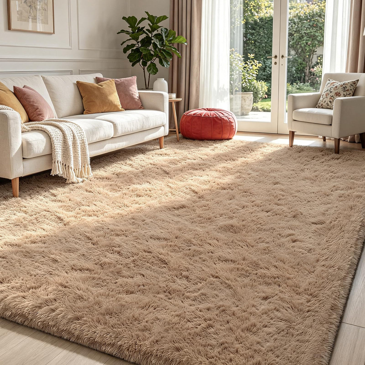 Beige 2x4 Area Rugs for Bedroom, Fluffy Shag Rug Small Rug Bedside Carpet