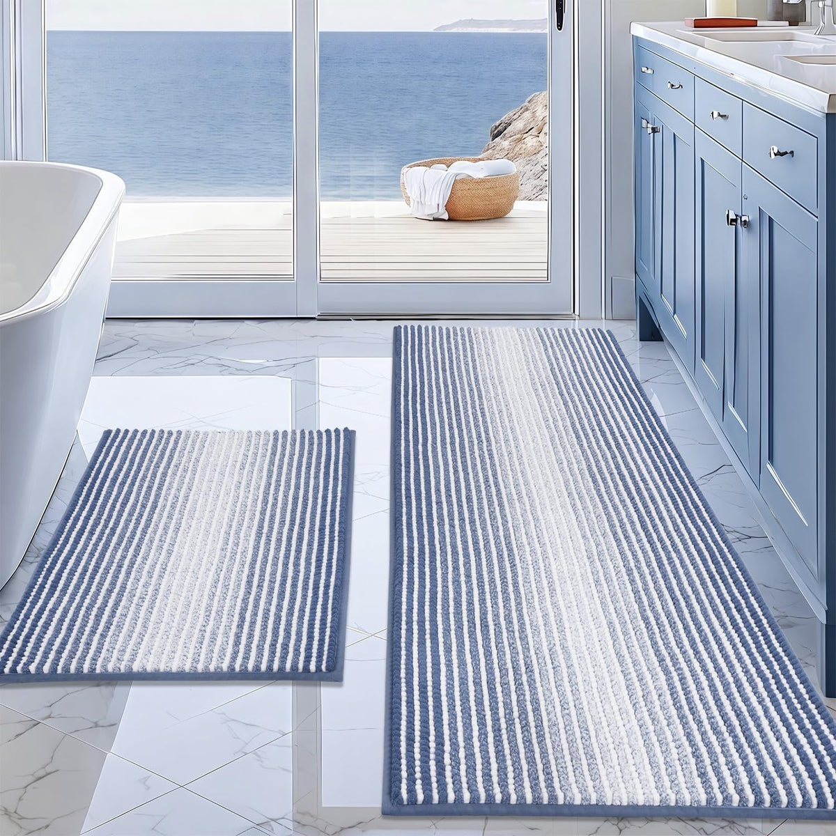 BSICPRO Bathroom Rugs Sets 2 Piece, Non Slip Striped Bath Mats, Sage