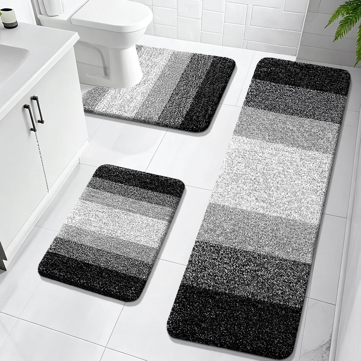 OLANLY Microfiber Bathroom Rugs Sets 3 Piece, Absorbent Bath Mats, Grey