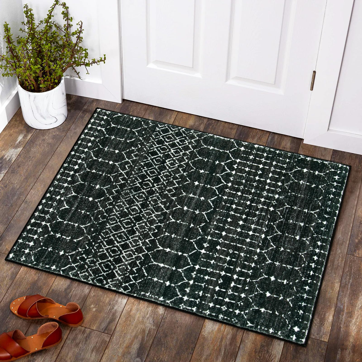 Lahome Moroccan Indoor Rugs for Entryway 2x3 Area Rug Non-Slip Backing Washable Inside Door Mats Low-Profile Throw Soft Rugs for Bathroom, Geometric Print Distressed Blue Rug for Kitchen Bedside Hana