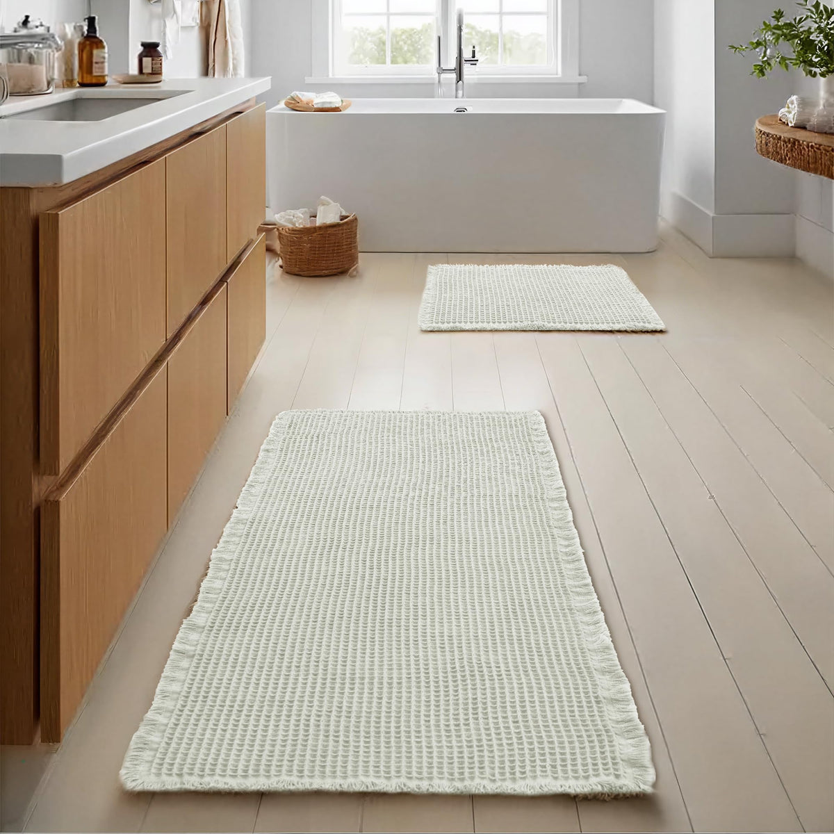 JIUZHEN Set of 2 Waffle Bath Mats Boho Bath Rugs 16"x24"+20"x32", Brown