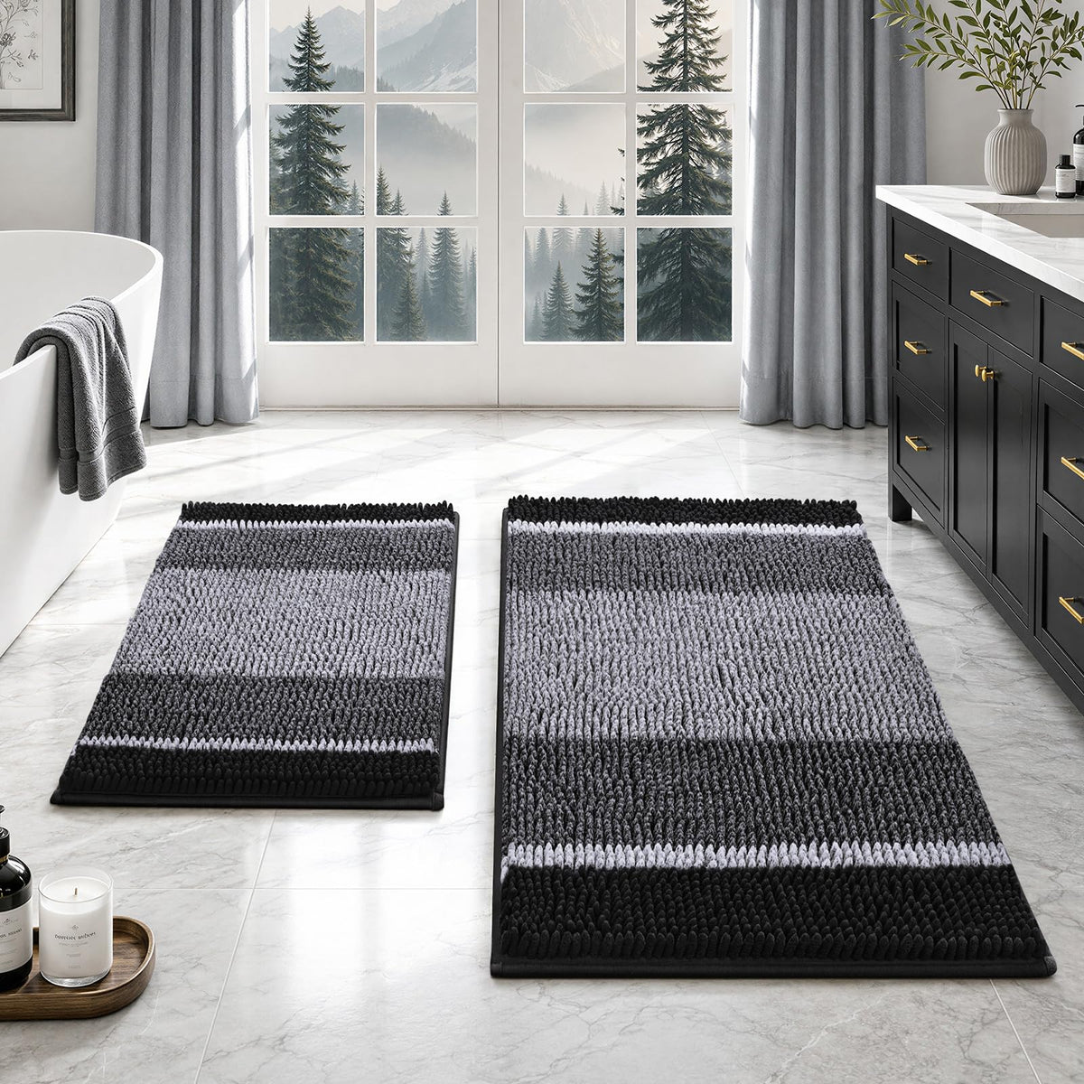HOMEIDEAS Sage Green Bathroom Rugs Sets 2 Piece Chenille, 20"x32"+17"x24"